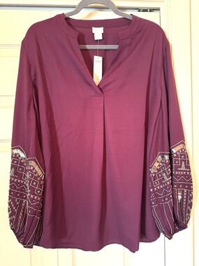 Chicos Blouse Size 4 XXL Embellished Beaded Sleeve Top Boysenberry NWT $119
